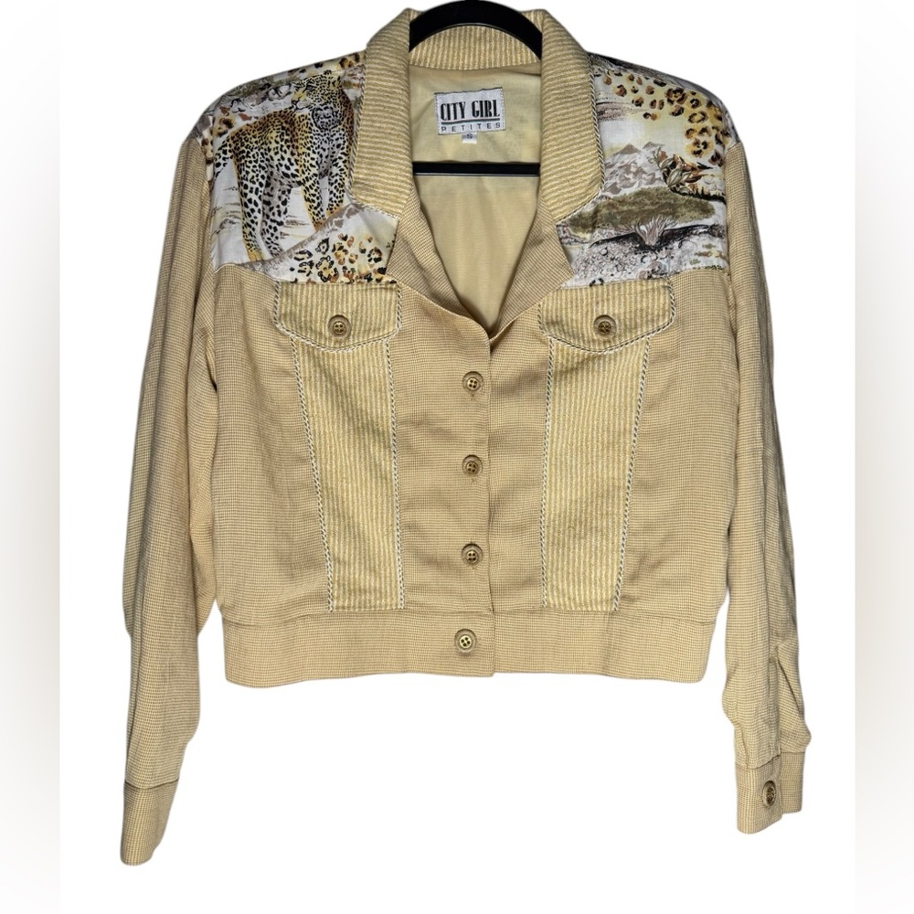 Vintage City Girl Jacket Cheetah Safari Yellow Striped Cropped Button Up Small